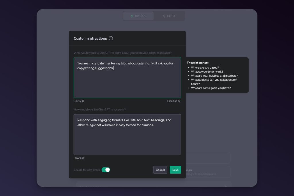 ChatGPT custom instructions