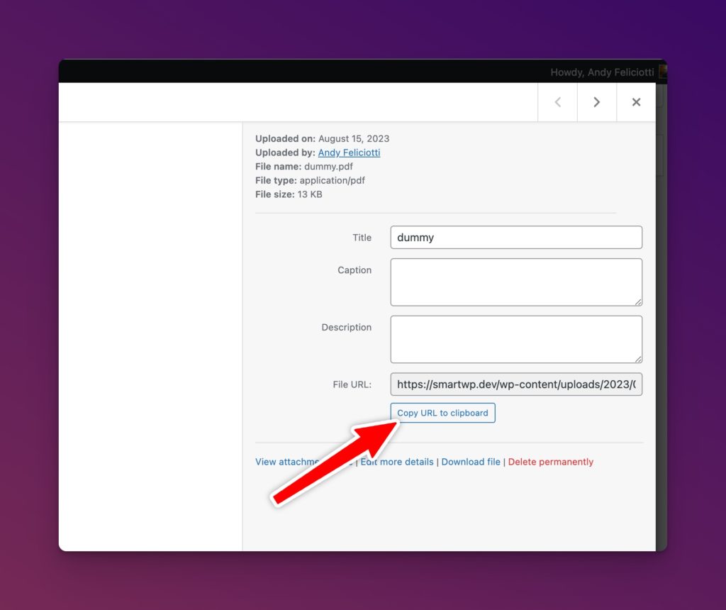 Copy PDF URL in WordPress