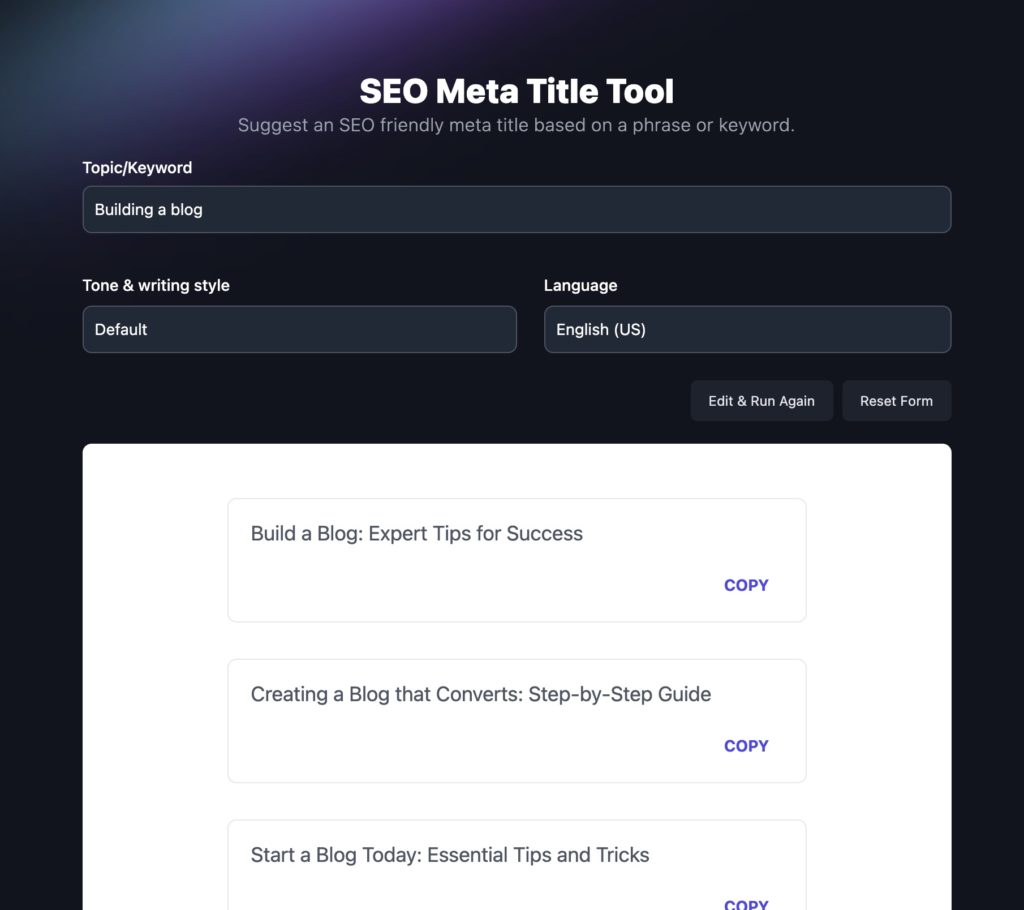 RightBlogger SEO Meta Title Tool UI Screenshot