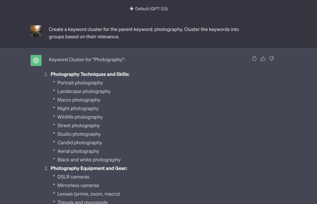 Keyword cluster in ChatGPT