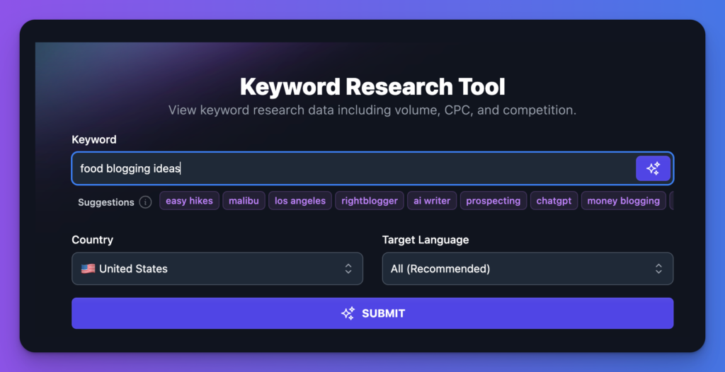 Example of RightBlogger's Keyword Research Tool (Screen Shot)